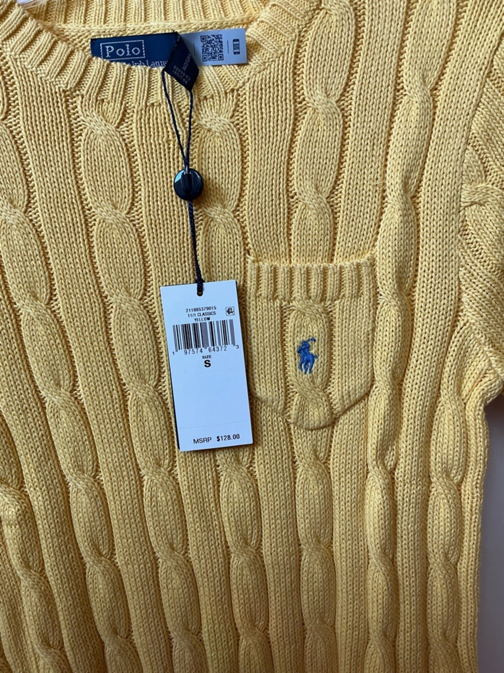 NWT POLO RALPH LAUREN YELLOW RIBBED CREWNECK LOGO POCKET SWEATER - Picture 2 of 15
